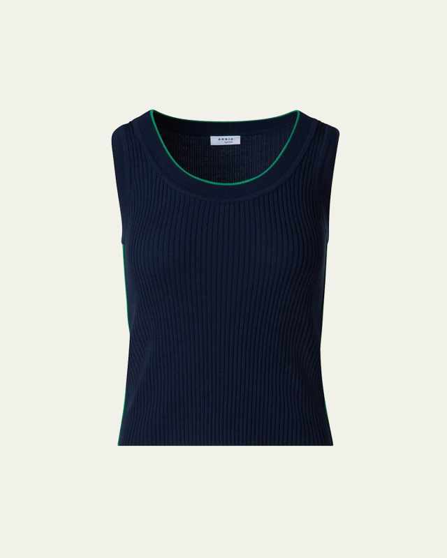 Ribbed Merino Wool Tank Top with Contrast Piping